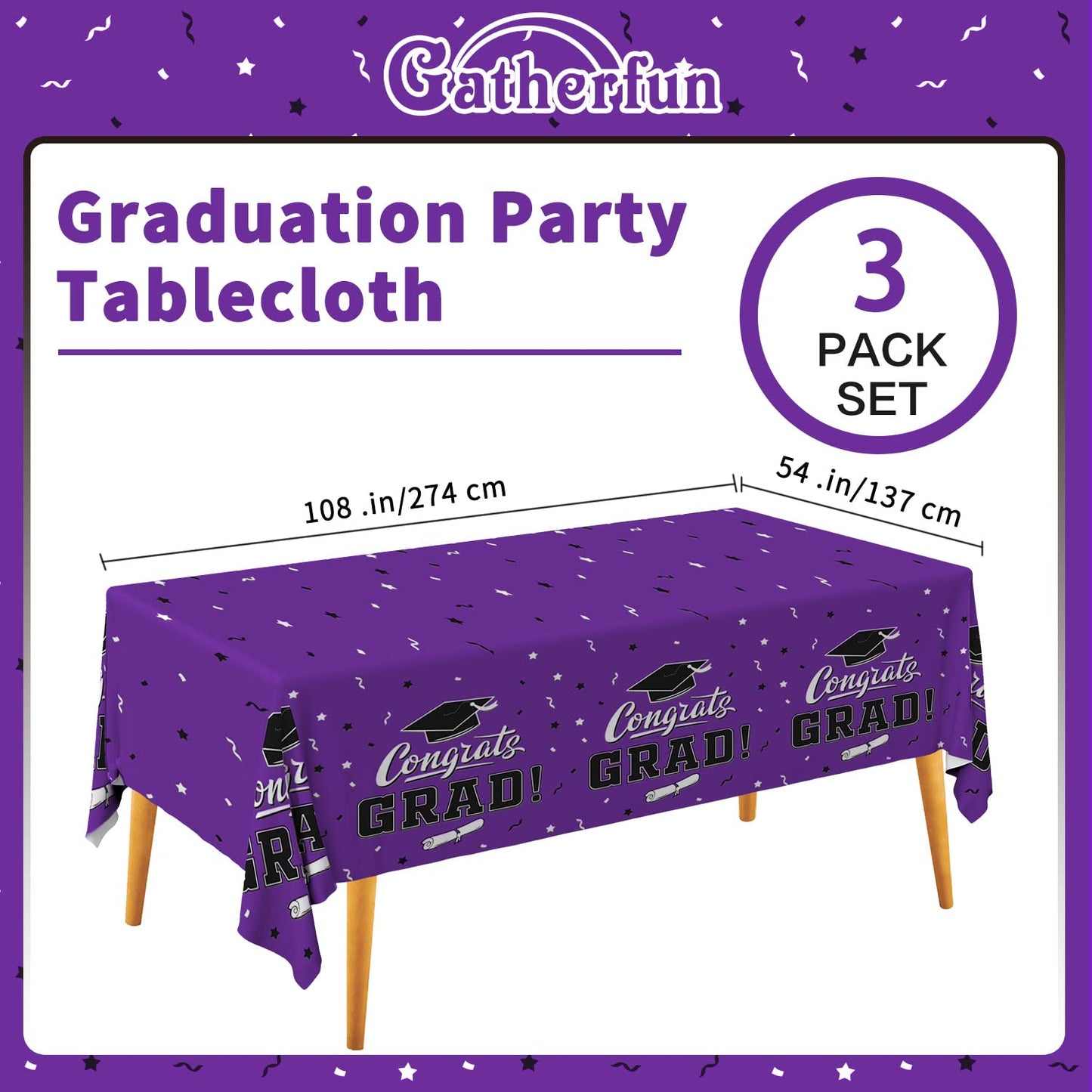 Graduation Party Decorations, Gongrats Grad Tablecover for Graduation Party Supplies, 3 pcs Purple Table Cloths, 54x108