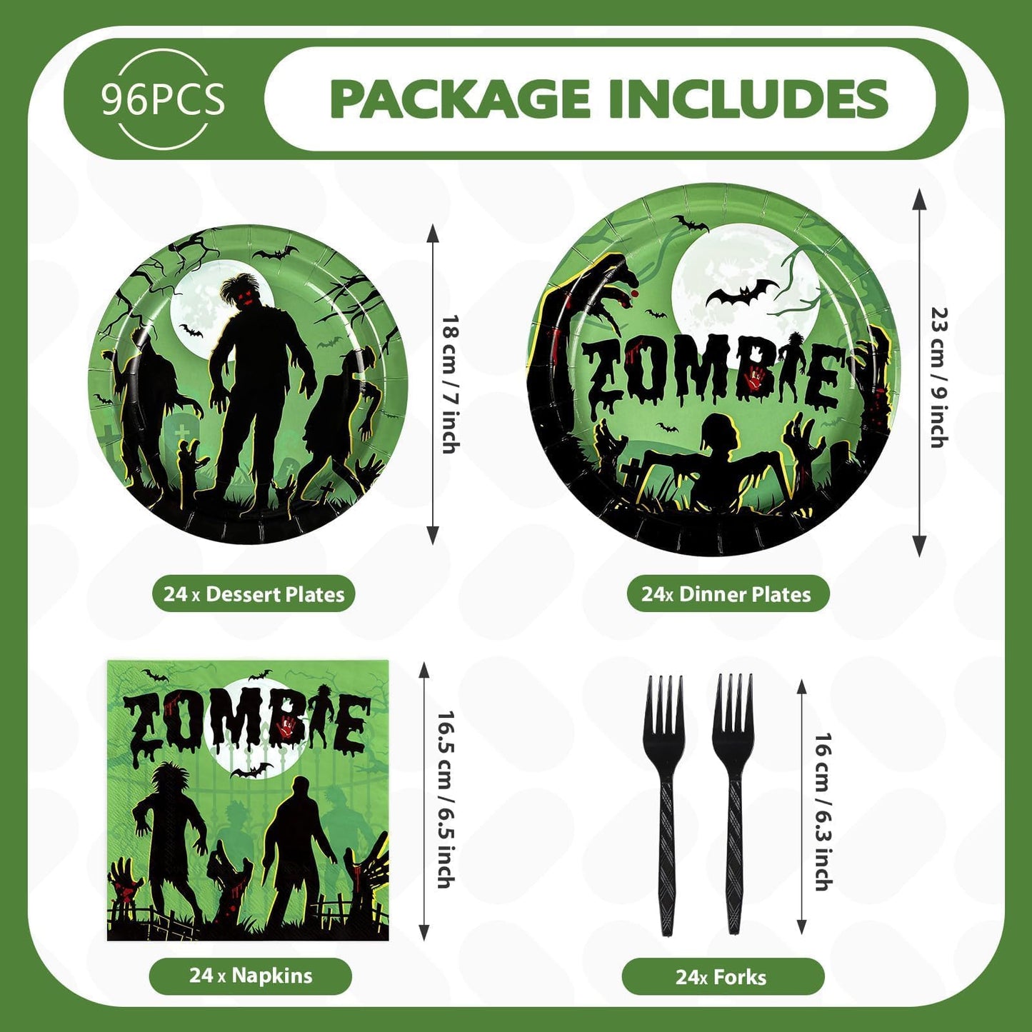 Grencian 96Pcs Halloween Zombie Party Supplies Green Spooky Zombie Plates and Napkins Horror Themed Tableware Sets for Halloween