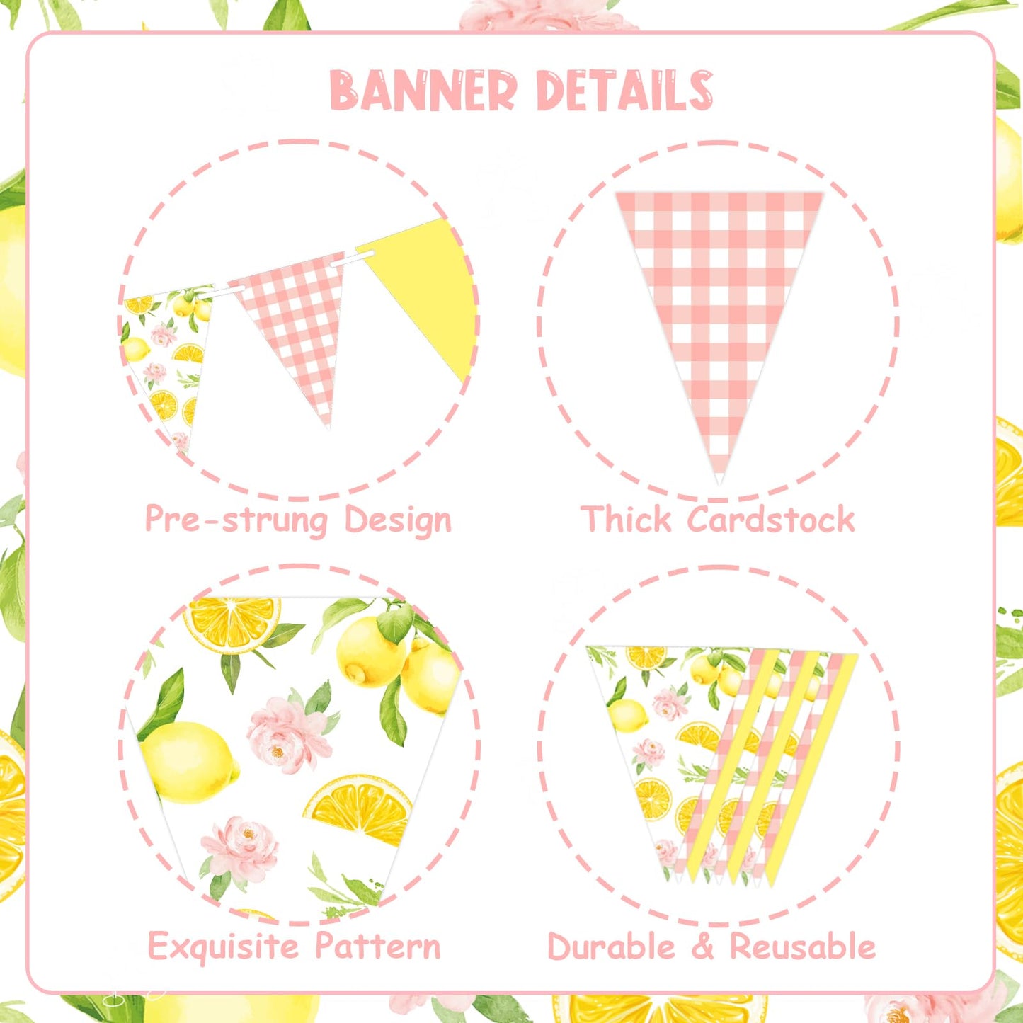 Lemon Party Decorations - 3PCS Lemon Bunting Banners, Pink and Yellow Lemon Triangle Banner Garland for Lemonade Wedding Engagem