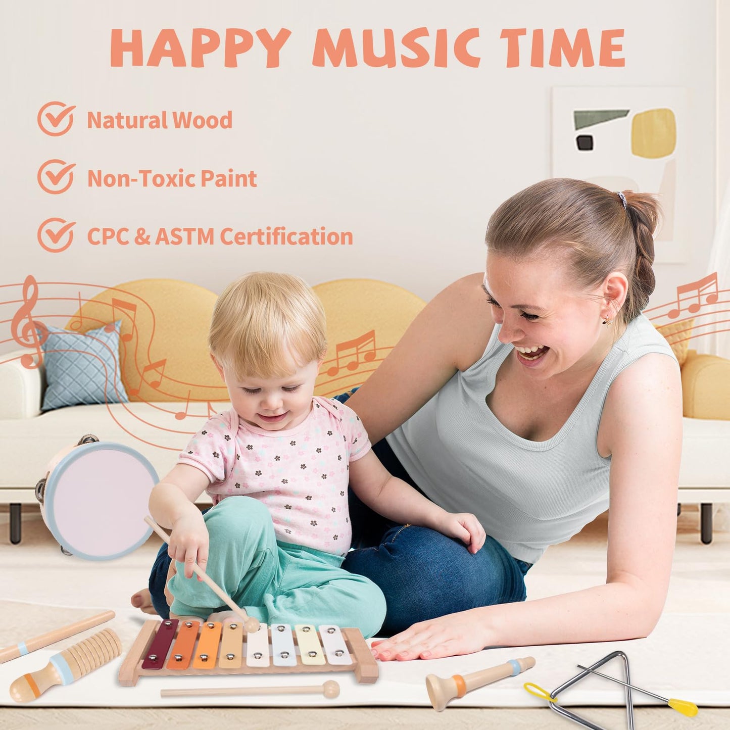Toddler Musical Instruments Set - Montessori Toys Wooden Percussion Baby Drum Xylophone Maracas Set, Sensory Toys For 18 Month O