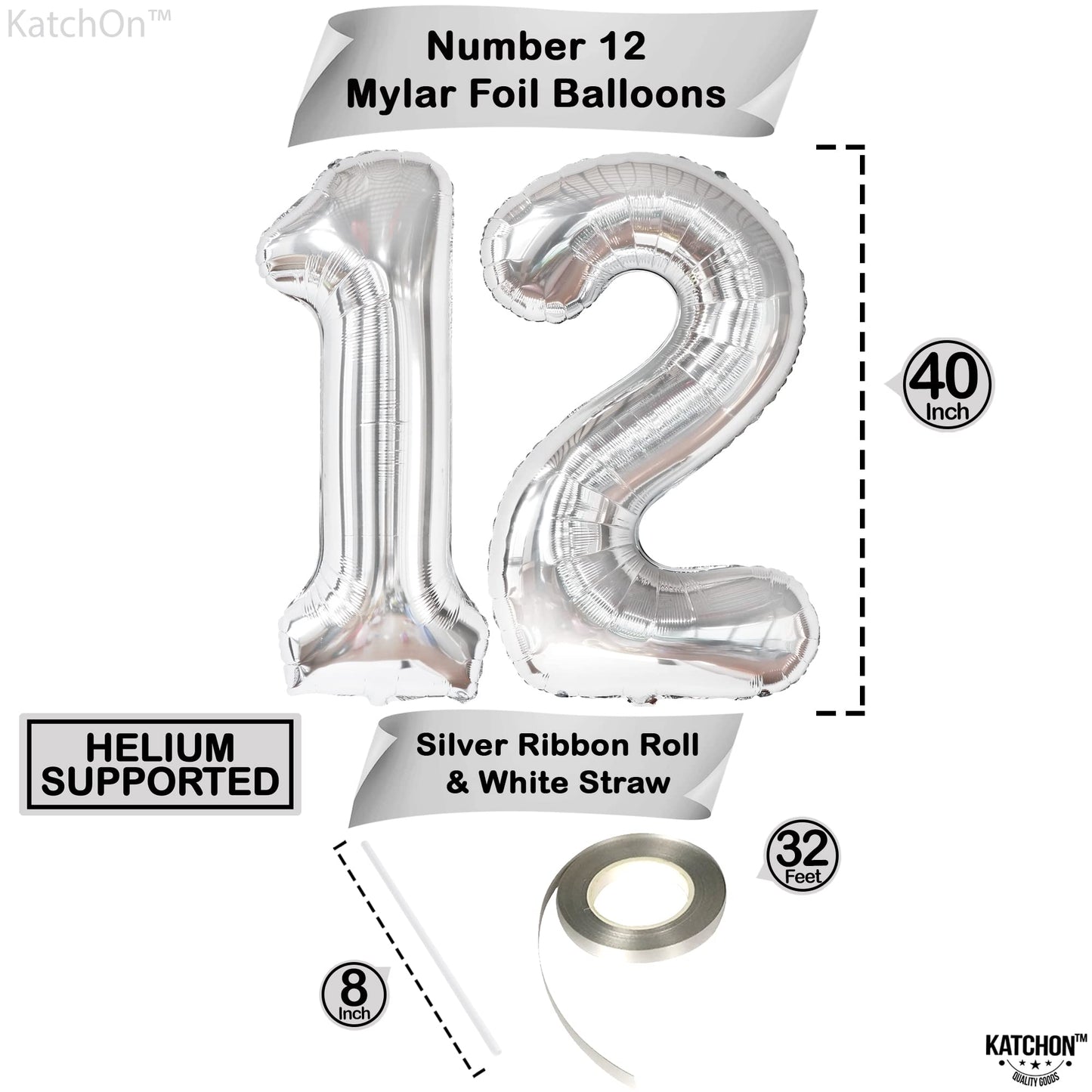 Giant, Silver 12 Balloon Number Foil - 40 Inch | 12 Birthday Balloon For 12Th Birthday Decorations For Girls | Number 12 Balloon, 12 Birthday Decorations Boy | 12 Year Old Birthday Party Decorations