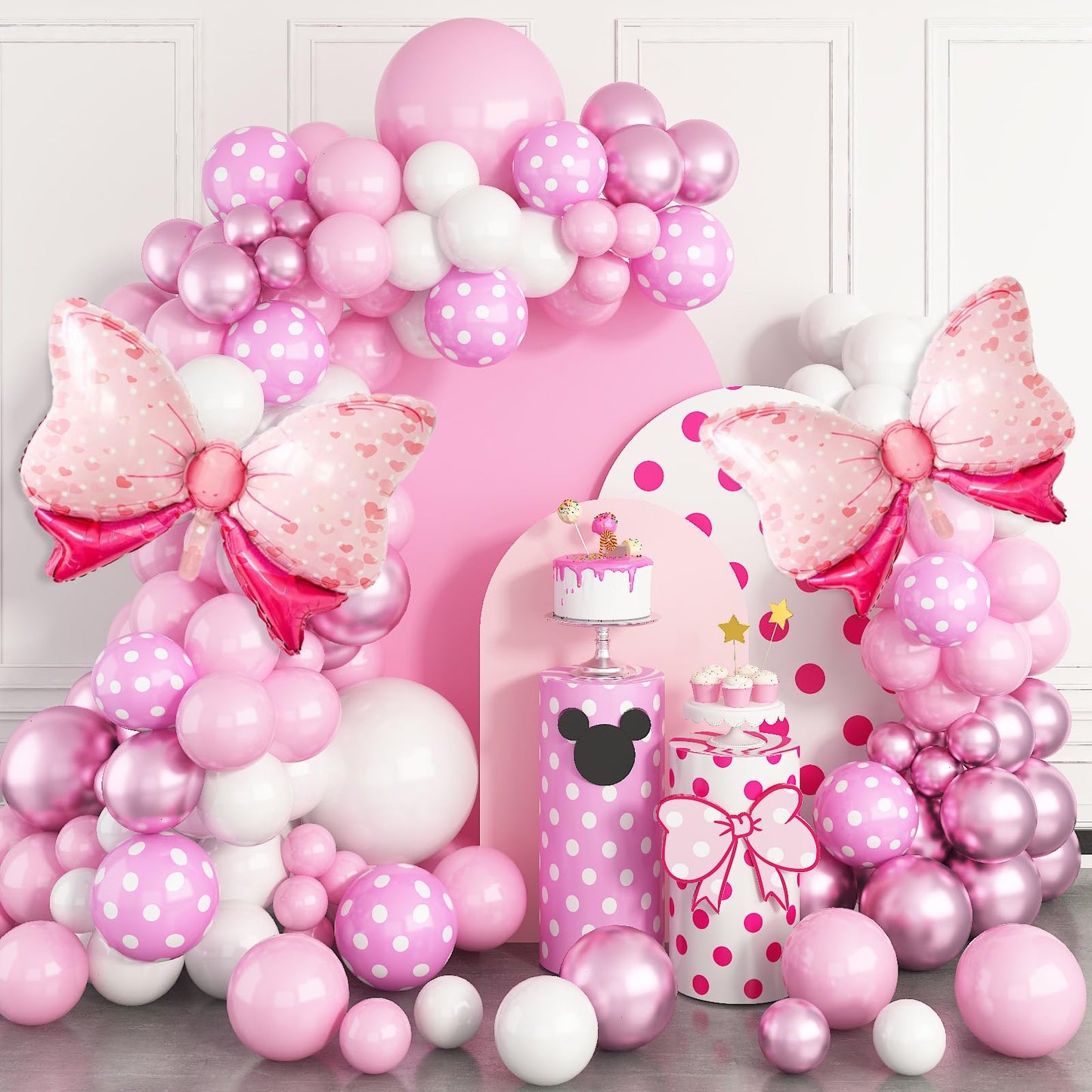 Pink Mouse Balloon Garland Arch Kit For Cartoon Mouse Theme Birthday Party Decorations Girl Kids, Pink White Rose Red Bow Foil Balloons For Mouse Baby Shower Decorations