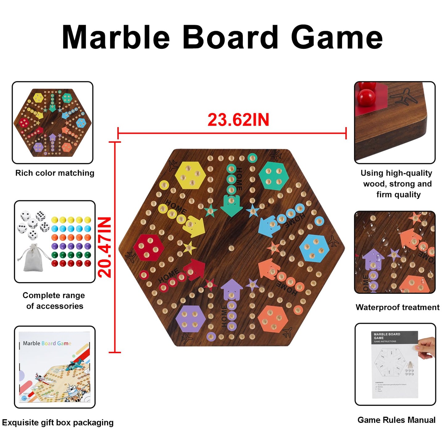Medikaison Extra Large 23.6 Inches Wahoo Marble Board Game 4 And 6 Players 2 Sided Painted Thicken Wood Board Perfect Game For Family Friends Party (Brush Paint Burn)