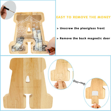 Bitreeworks Letter Piggy Bank, Personalized Wooden Coin Banks, Large Wood Money Peny Bank for Adults (9'', Alphabet E)
