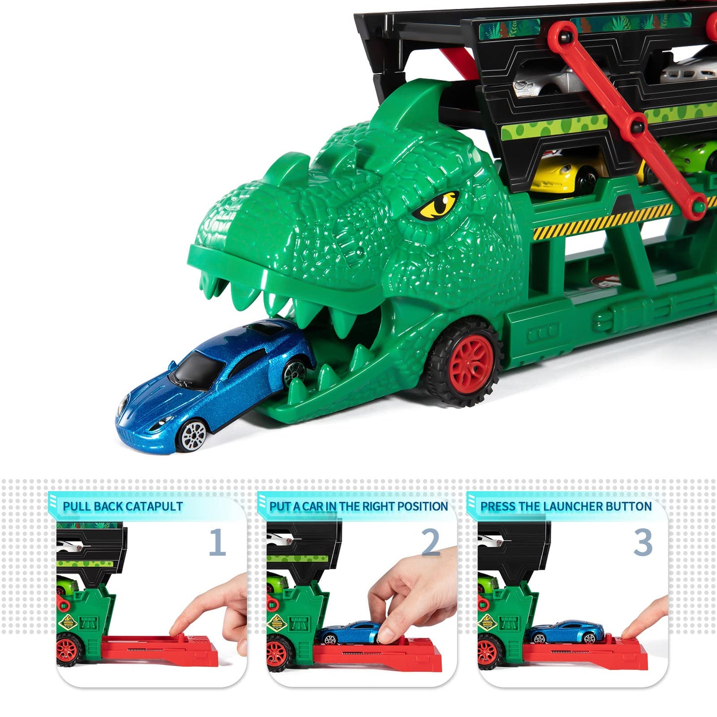TEMI Dinosaur Truck Toy with 6 Diecast Race Cars for 2 3 4 5 6 Years Old Toddler Boys, Dino Storage Carrier with 4 Expandable Le