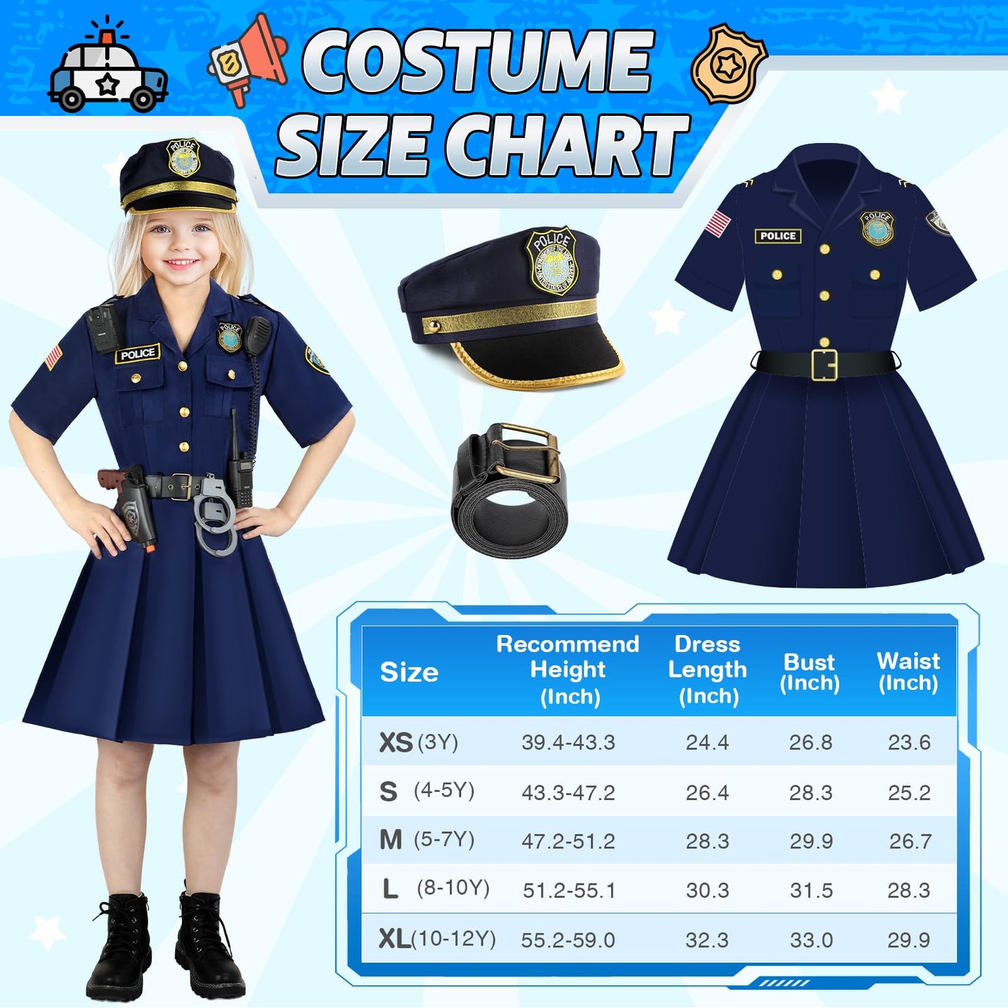 Loscola Police Costume For Girls Kids, Police Officer Costume For Girls, Halloween Costume Girls For 3-12, Cop Police Uniform