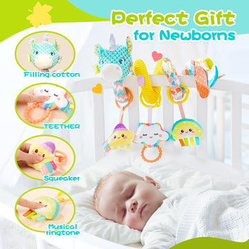 Car Seat Toys For Babies 0-6 Months, Hanging Spiral Stroller Toys, Infant Newborn Brain Development With Music Crinkle Teether R