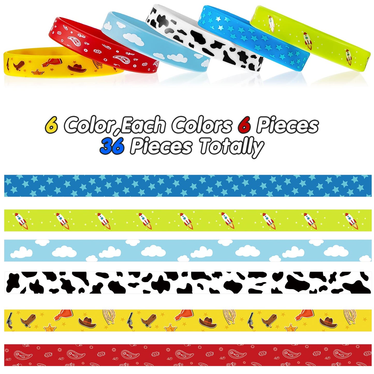 36 Pcs Western Party Bracelets for Boy and Girl Cow Pattern Printed Rubber Bracelets Cartoon Story Themed Silicone Stretch Wrist