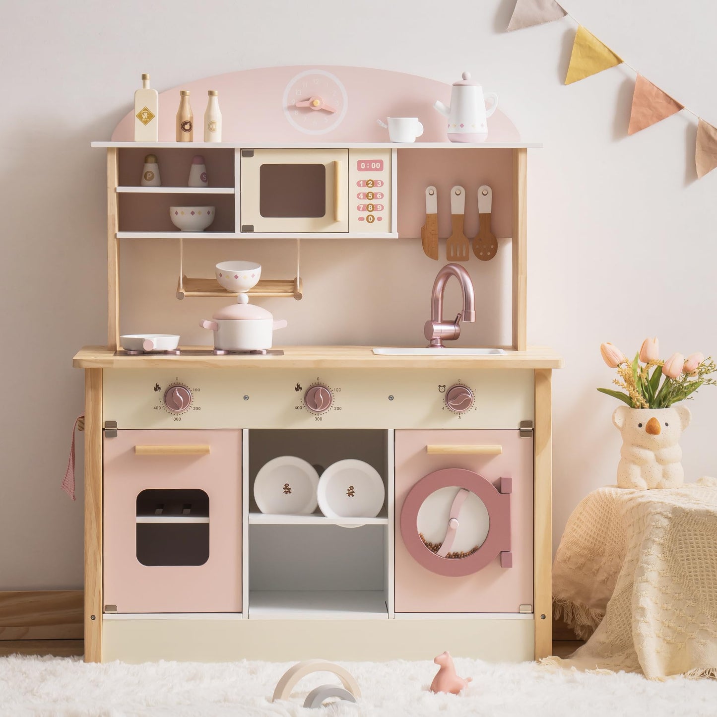 ROBOTIME Wooden Play Kitchen Set, Pretend Play Kitchen Set for Kids with Realistic Design, Kids & Toddlers Kitchen Playset with