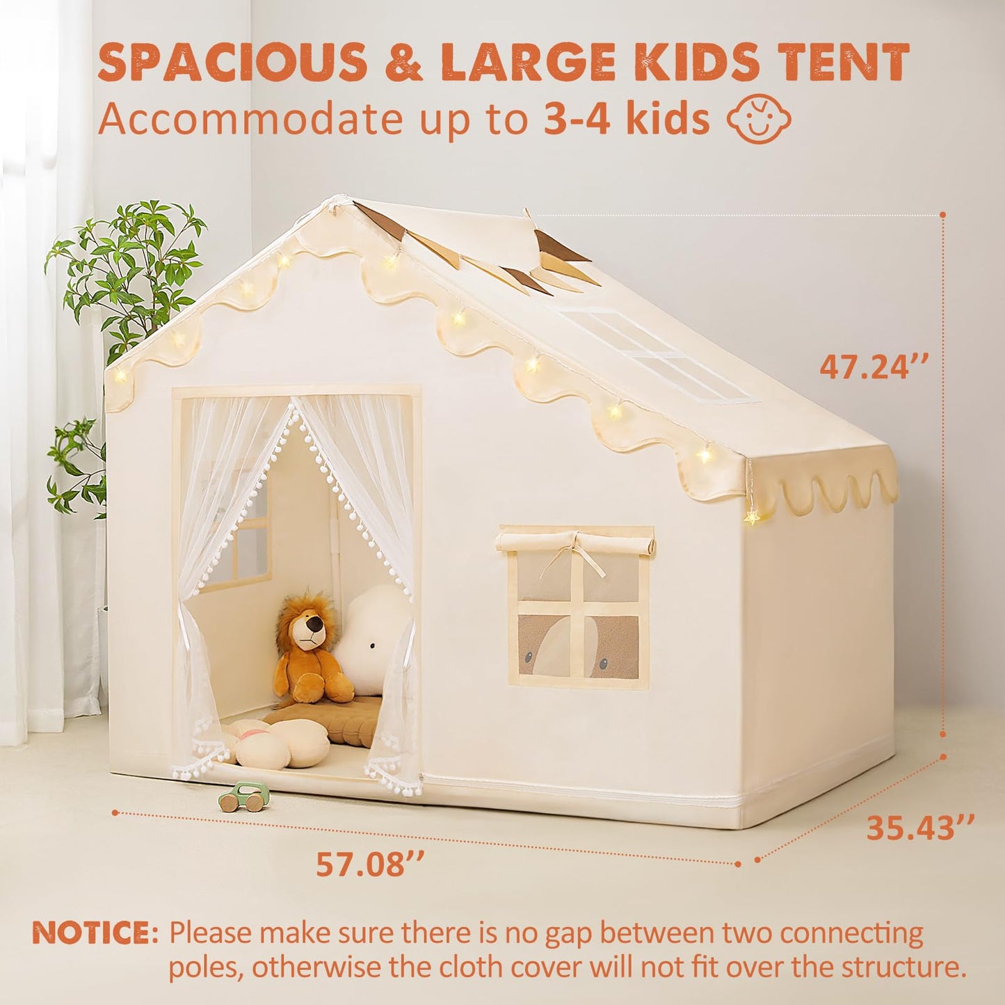 Piikago Kids Tent Indoor With Star Lights And Flags - Play Tent For Kids Ages 4-8, Large Toddler Playhouse For Girls Boys, 57''