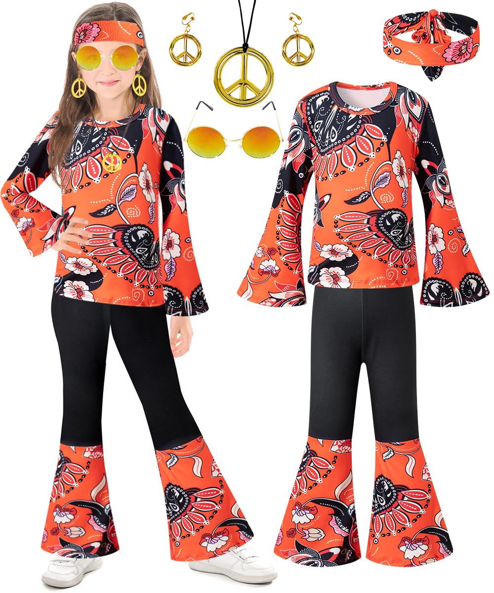 IWALUE 60s 70s Outfits Hippie Kid Girls Costume Set Disco Boho Flared Pants Accessories Set(Red,5-6 Years)