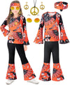 Iwalue 60S 70S Outfits Hippie Kid Girls Costume Set Disco Boho Flared Pants Accessories Set(Red,9-10 Years)