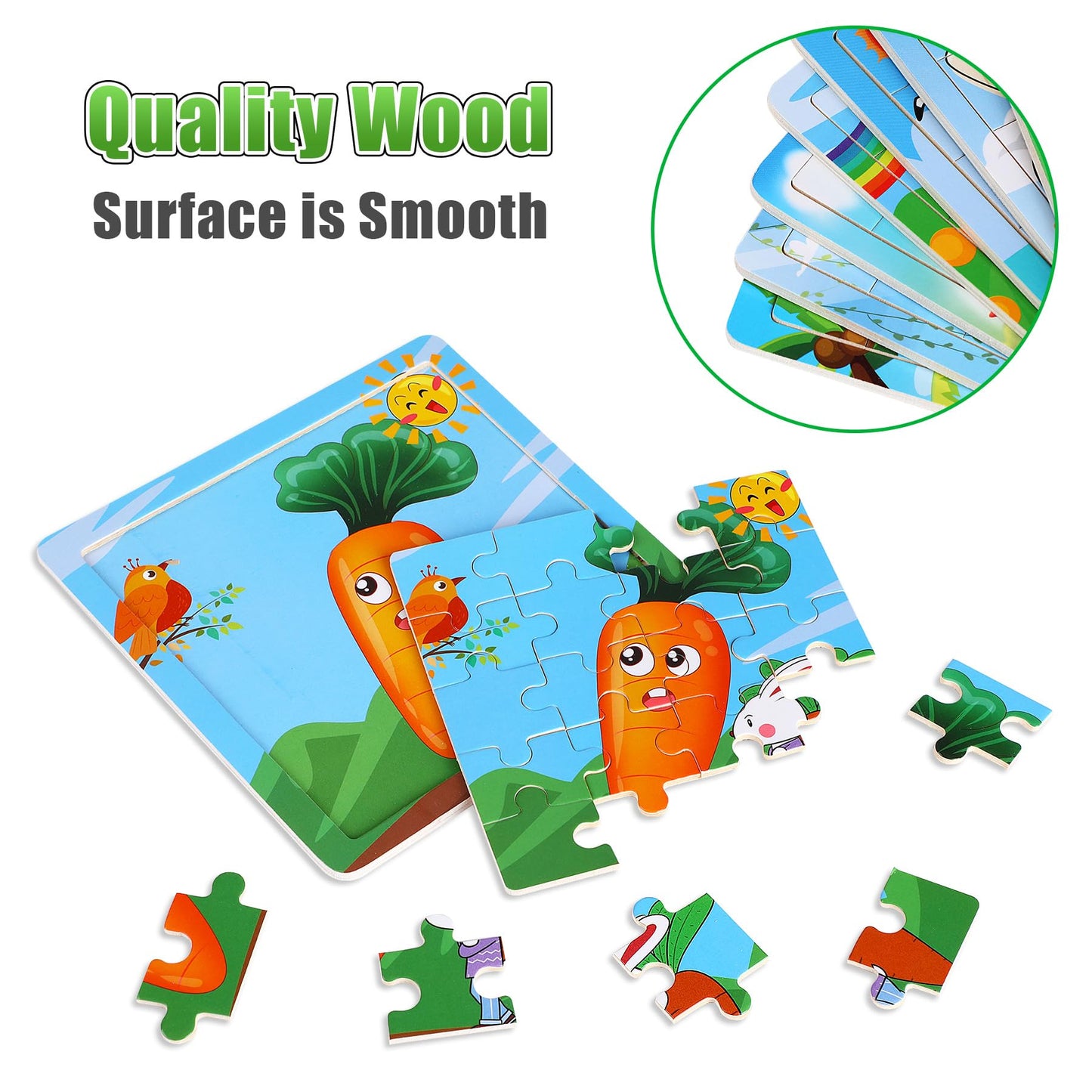 Sannix 12 Pack Wooden Jigsaw Puzzles For Toddlers 3 4 5 Years Old, Party Favors Animals Jigsaw For Kids, Transportation Educational Puzzles Travel Toy With 12 Organize Bags