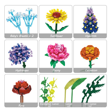 BrickTribe Flowers Set with Vase - 1853PCS Botanical Collection for Adults, Includes Sunflower, Rose & Baby's Breath, 14+