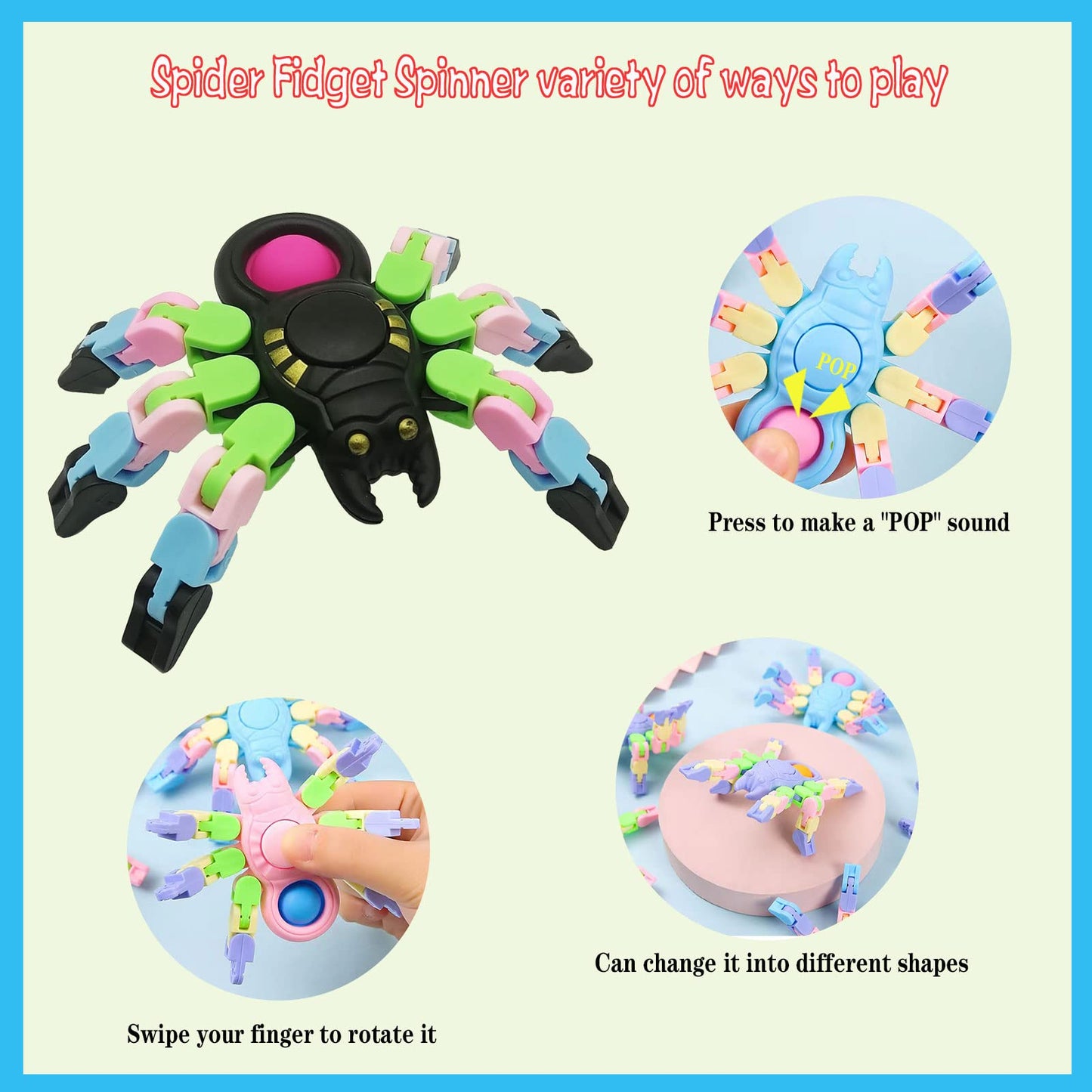 Sensory Fidgets Toys For Kids And Adults,4 Pack Transformable Fidget Spinners For Boys Girls, Chain Pop Spider Fingertip Toy For
