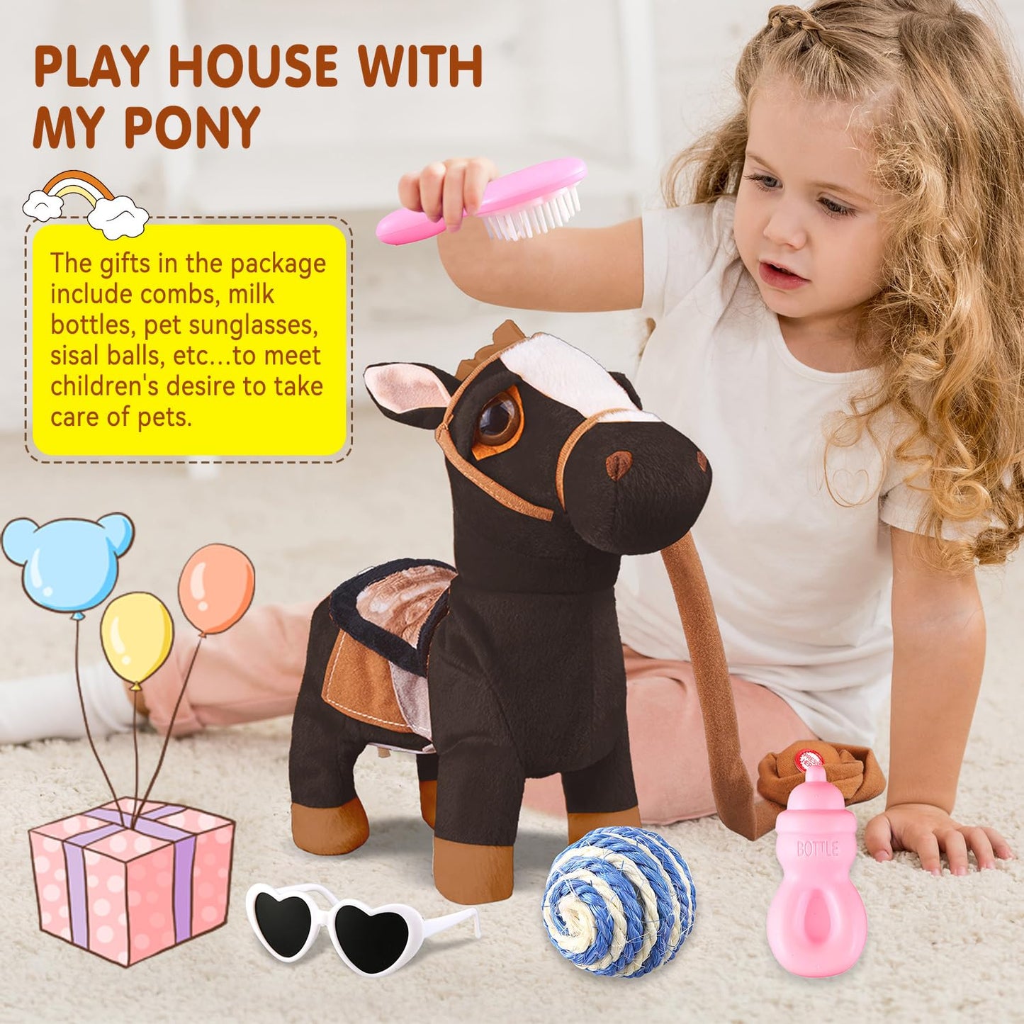 Black Walking Pony Plush Interactive Pony Toy Singing Dancing Musical Realistic Pony, Stuffed Shaking Leash Horse Toy Head Butto
