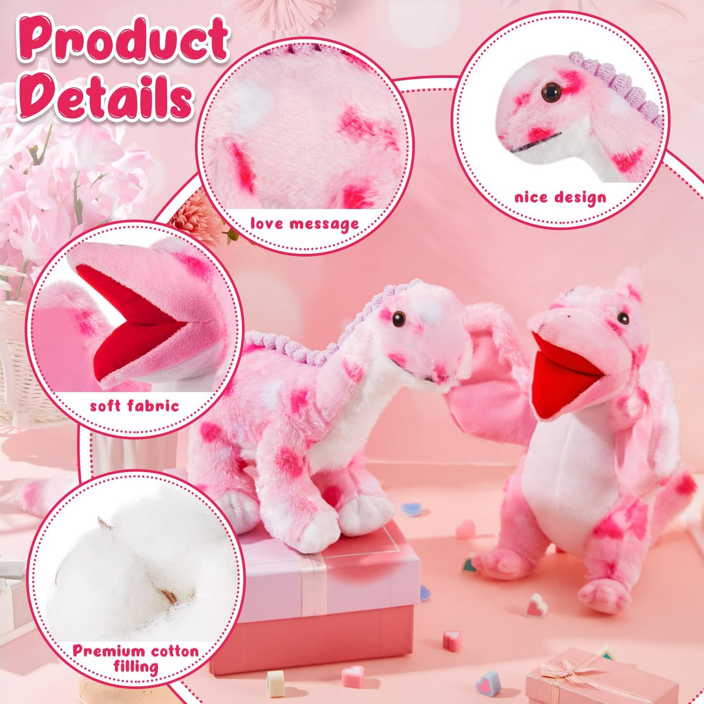 Deekin 2 Pcs Valentine'S Day Stuffed Animals Toy Love Plush Dinosaur Stuffed Animal Holding Heart Kawaii Pink Dinosaurs For Boys