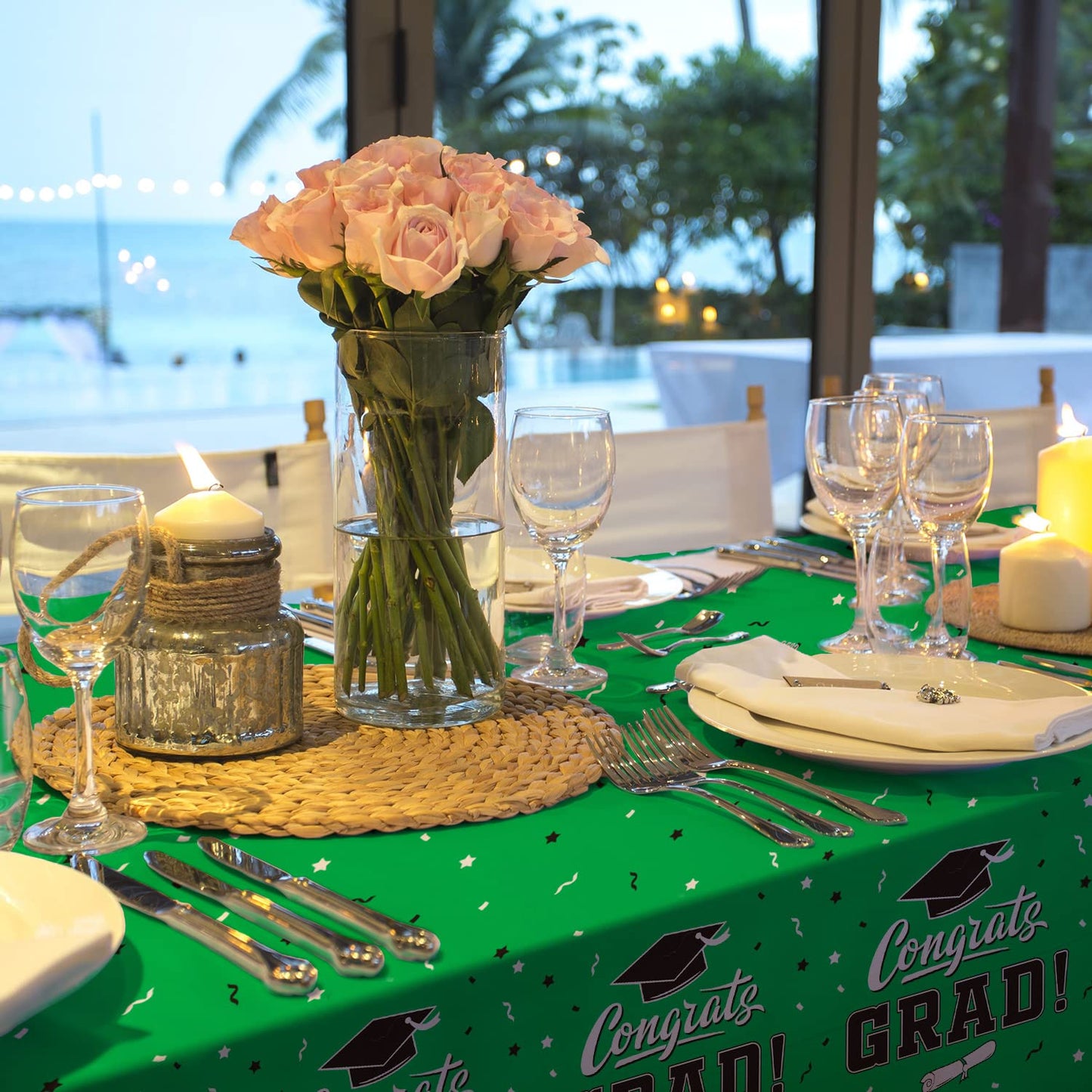 Graduation Party Decorations, Gongrats Grad Tablecover For Graduation Party Supplies, 3 Pcs Green Table Cloths, 54''X108''