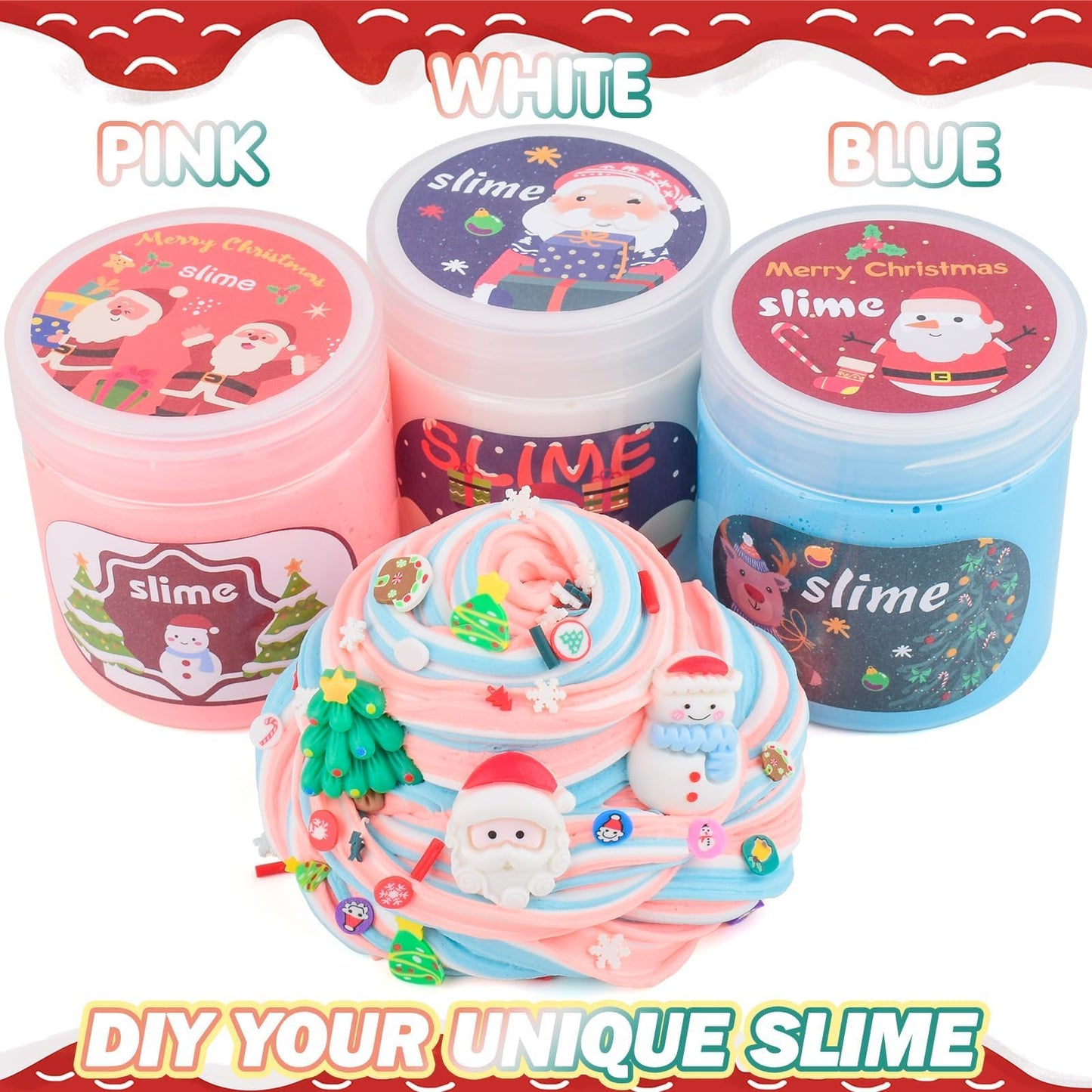 3 Pack Christmas Butter Slime Kit For Kids, Scented Slime With Santa Claus, Snowman, Christmas Tree Charm, Soft, Non-Sticky, Goo