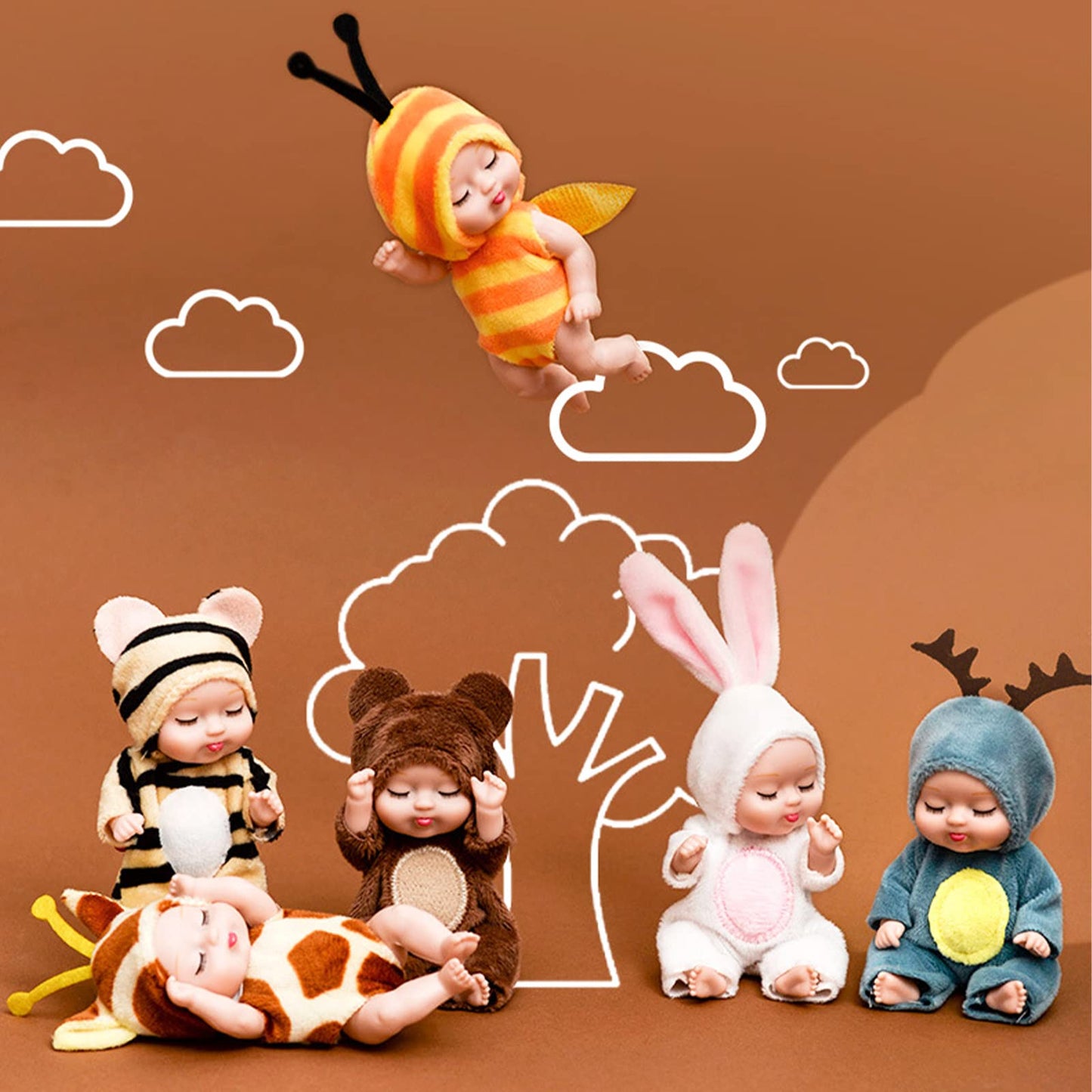 Onest 12 Sets 4 Inch Dolls Cute Baby Dolls Include 12 Pieces Baby Mini Dolls Mini Baby Sleeping Dolls, 12 Sets Handmade Animal Doll Clothes