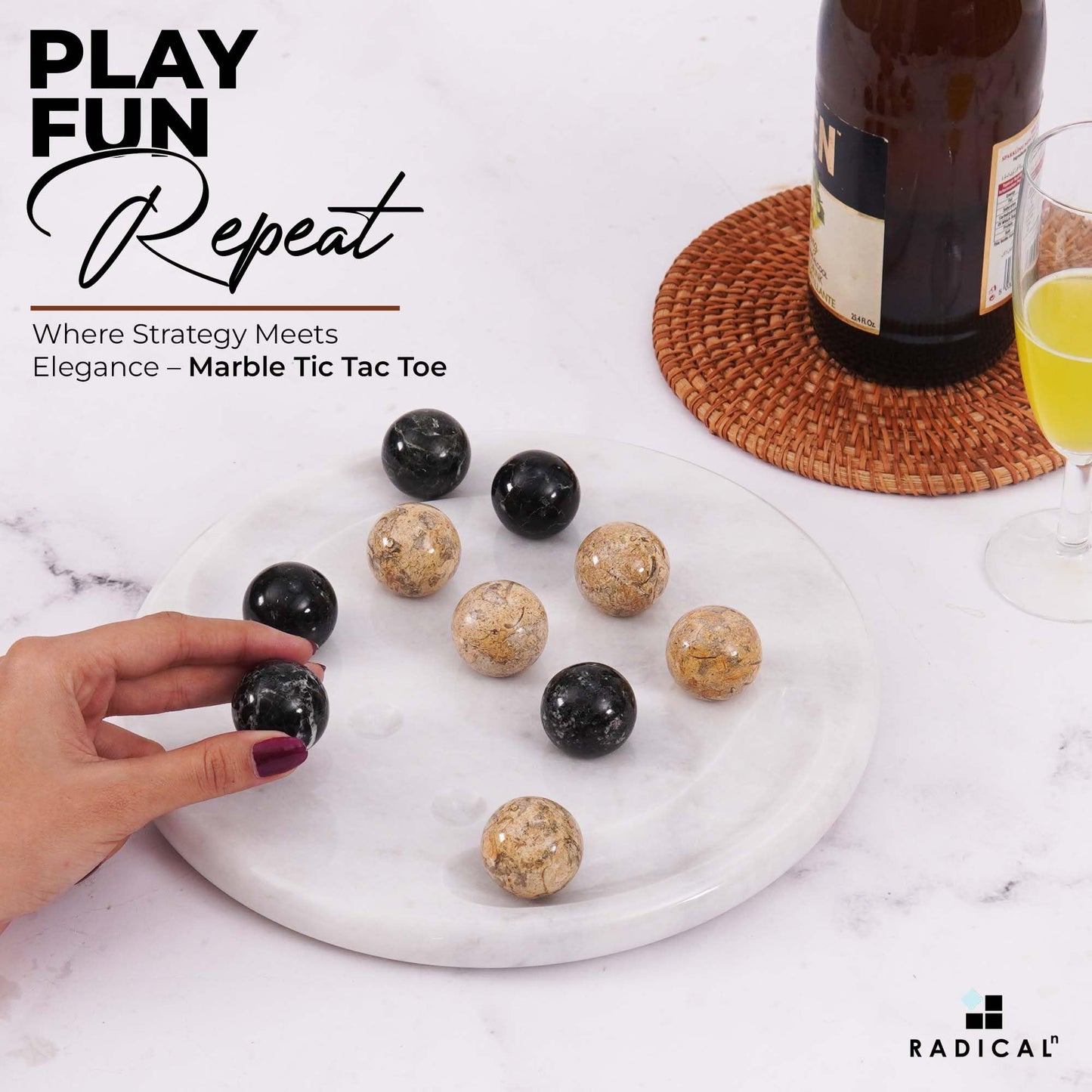 Radicaln Marble Tic Tac Toe 10 Inches Black and Coral Handmade Board Game for mature-themed and Family - Ideal Outdoor & Travel Game Fun Gift for mature-themeds Best for Coffee Table Centerpiece