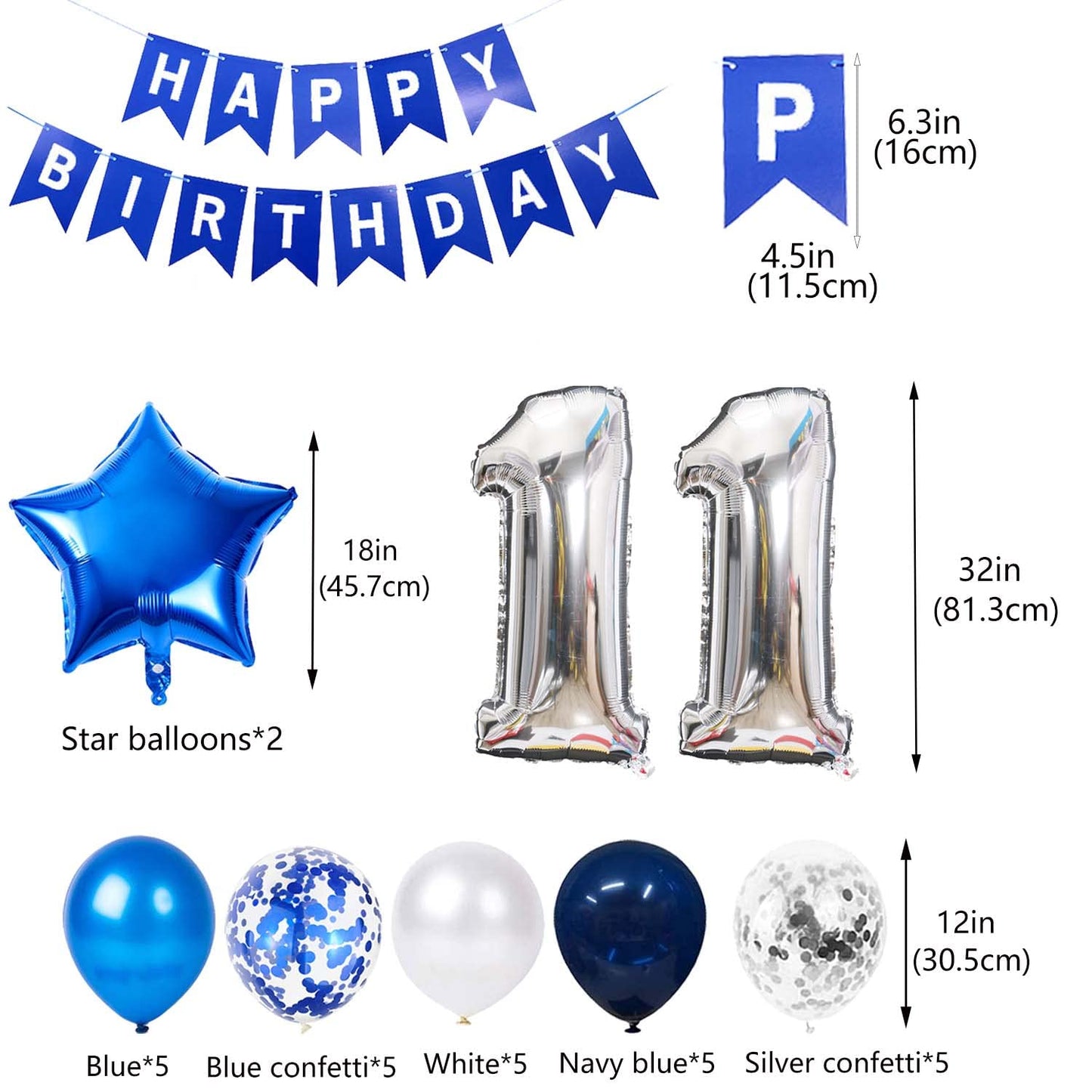 11Th Birthday Party Decoration For Boys, Happy Birthday Banner Blue Number 11 Birthday Balloons 11Th Birthday Latex Confetti Bal