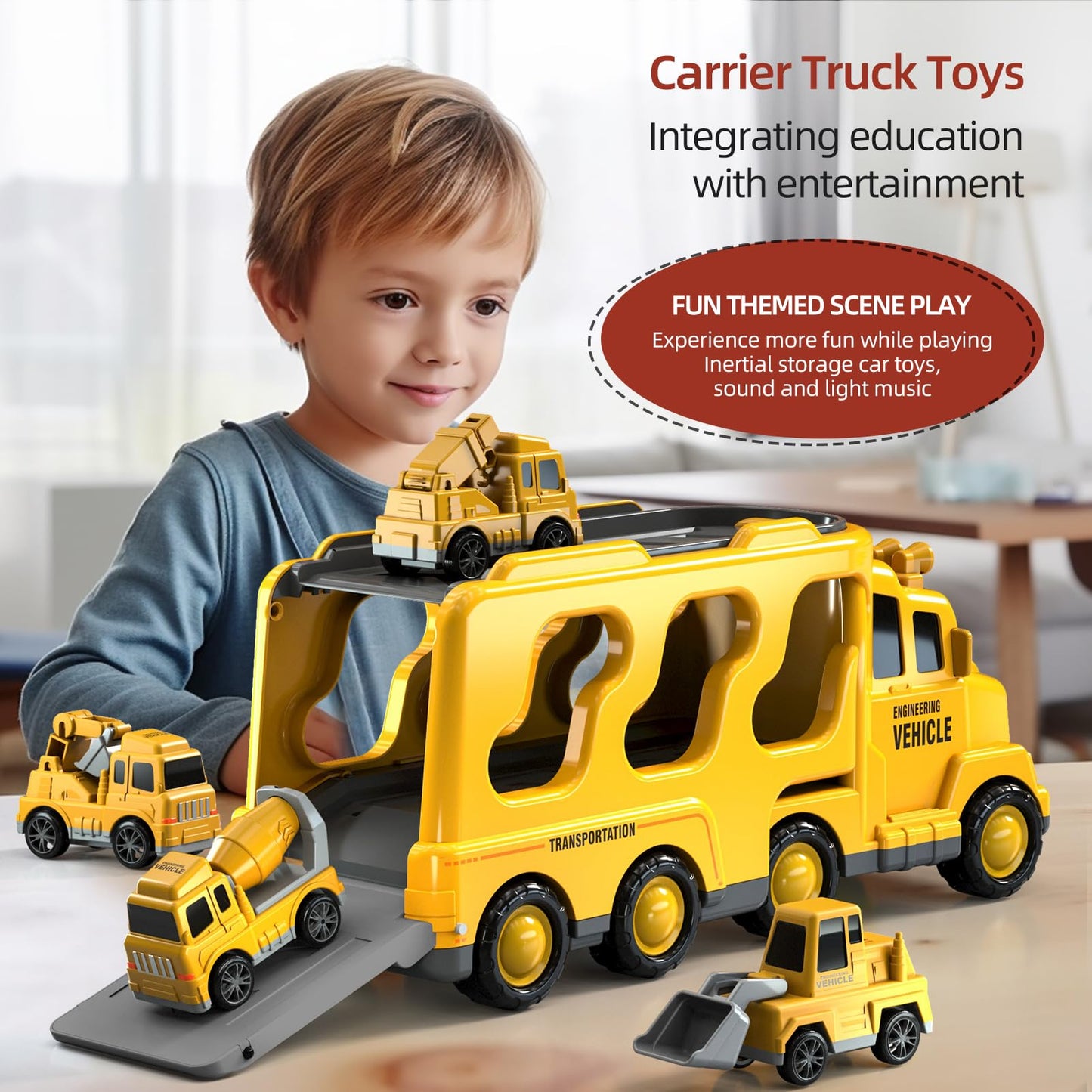 Beby Buty 5 in 1 Construction Trucks Cars Toys for Toddlers 3-5, Boy Toddler Car Truck Toys with Light Sound, Birthday Gifts Toy
