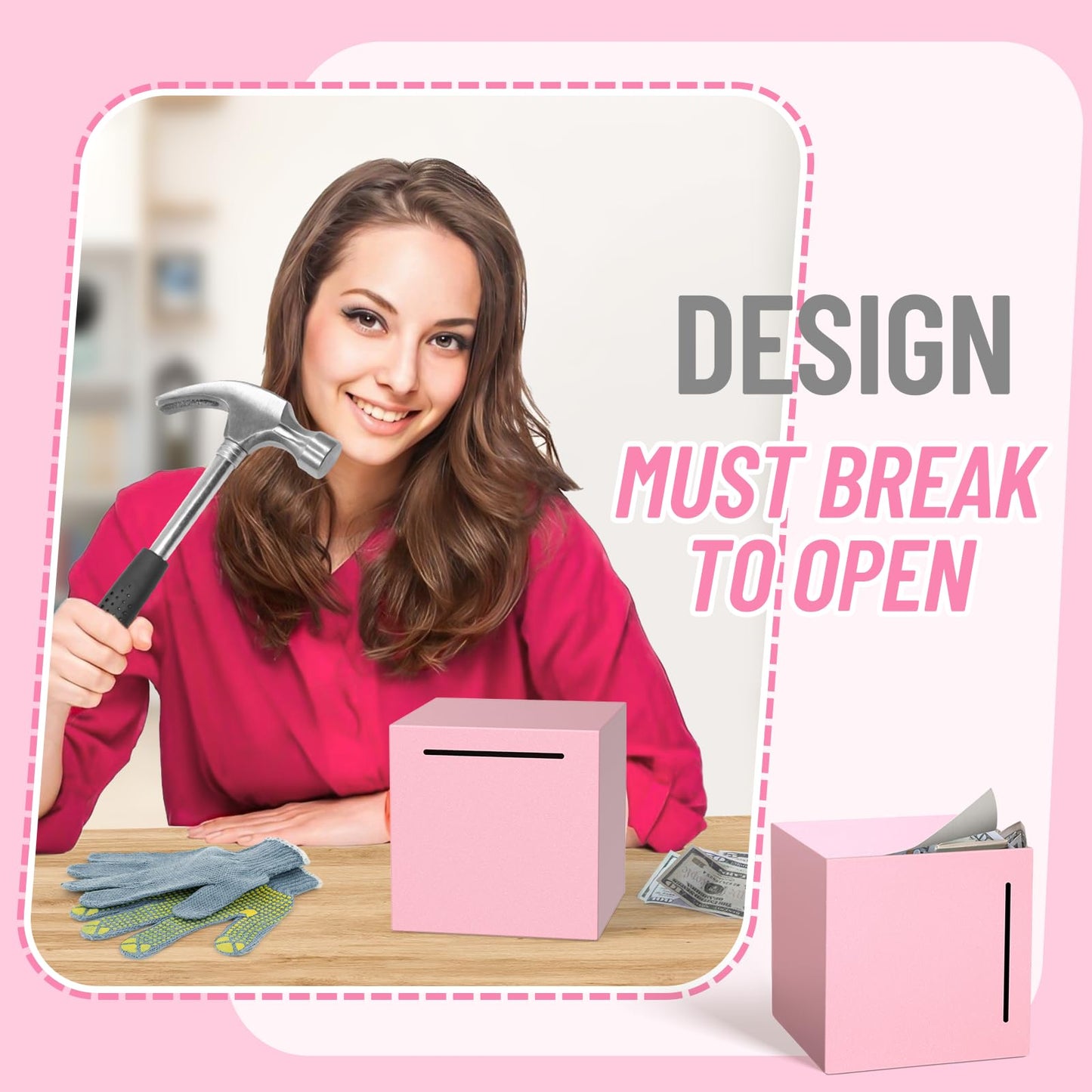 Adults Piggy Bank Must Break To Open, Unbreakable Stainless Steel Piggy Bank For Adults, Metal Savings Box For Cash Saving (Pink