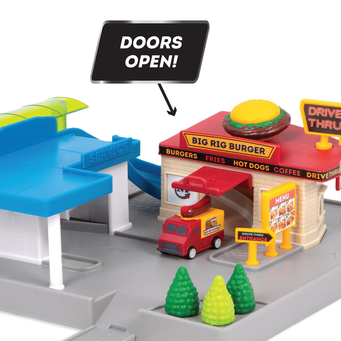 Driven By Battat - 25Pc Drive-Thru Playset - Mini Car Track Set - Food Truck, School Bus, Pick-Up, Camper Van & More - Gift Car
