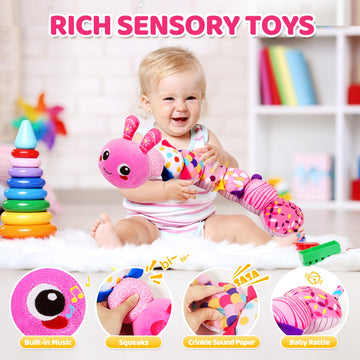 Kmuysl Baby Montessori Toys 0-6 6-12 Months, Sensory Music Animal Stuffed Toy For 0 1 2 3 4 5 6+ Months, Plush Toy With Crinkle