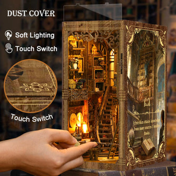 Book Nook Kits for mature-themed DIY Miniature House Kit 3D Wooden Puzzles Miniature House Booknooks Dollhouse Bookend Bookshelf Insert Decor with LED Light Gift - Ancient Book Collection Room