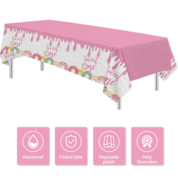 Xigejob Donut Sweet One Birthday Party Tablecloth Decorations for First, Disposable Pink Donut 1st Birthday Party Supplies Table