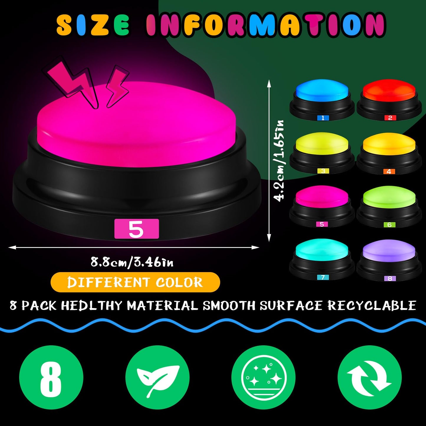 Xuhal 8 Pcs Recording Button Buzzers For Trivia Games With Number Recordable Answer Buzzers For Communication Pet Training Buzze