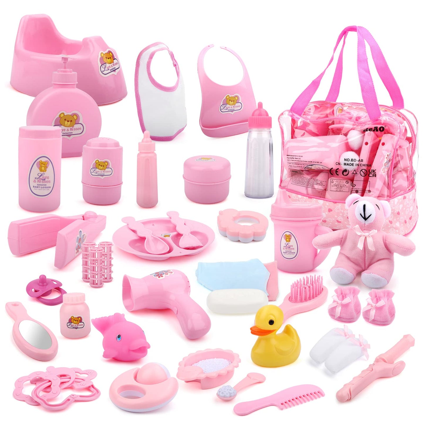Deao 40 Piece Baby Doll Accessories Bag With Baby Feeding Accessories, Clothes, Doll Bear, Bath Toys, Soother Dummy And Much More - Great Nurturing Pretend Toy For Kids!