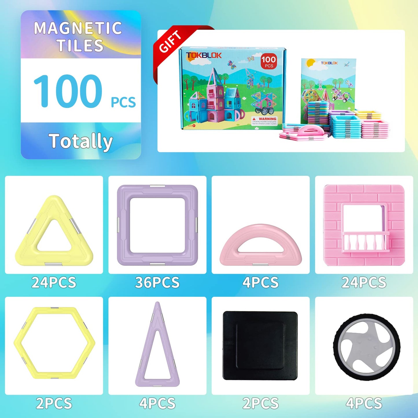 Tokblok Magnetic Tiles 100Pcs Magnetic Blocks Building Set, Magnets For Kids Preschool Child Montessori Toys Stem Learning Toys Gifts For Girls Boys 3 4 5 6 7 Years
