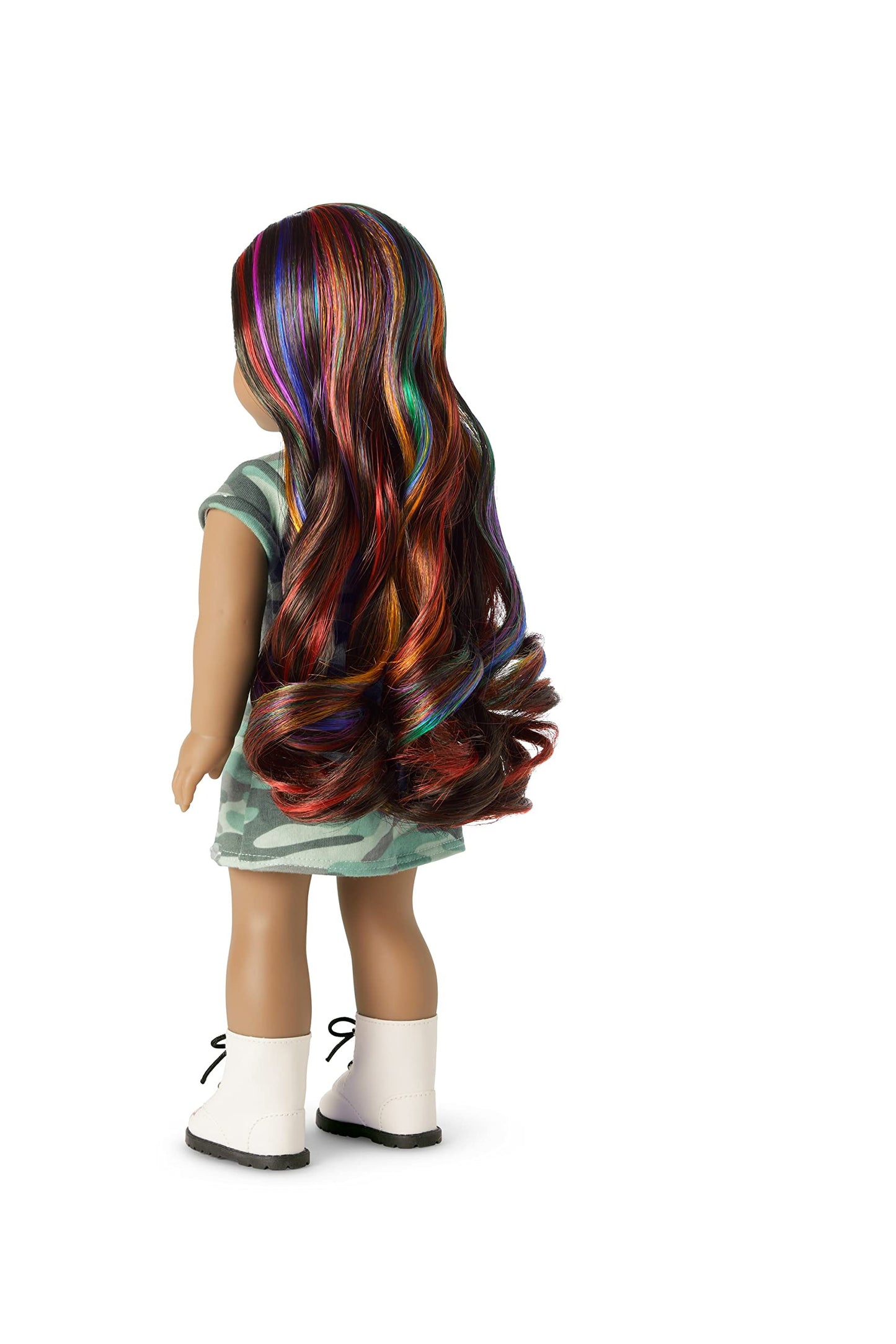 American Girl Truly Me 18-Inch Doll 120 With Hazel Eyes, Wavy Dark-Brown Hair With Bright Rainbow Highlights, Tan Skin With Neutral Undertones, Camo T-Shirt Dress