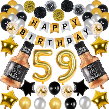 Naninuneno 59Th Gold Birthday Decorations, Gold Black Silver Happy Birthday Balloons Supplies For Boy Men Girl Women, 59 Birthda