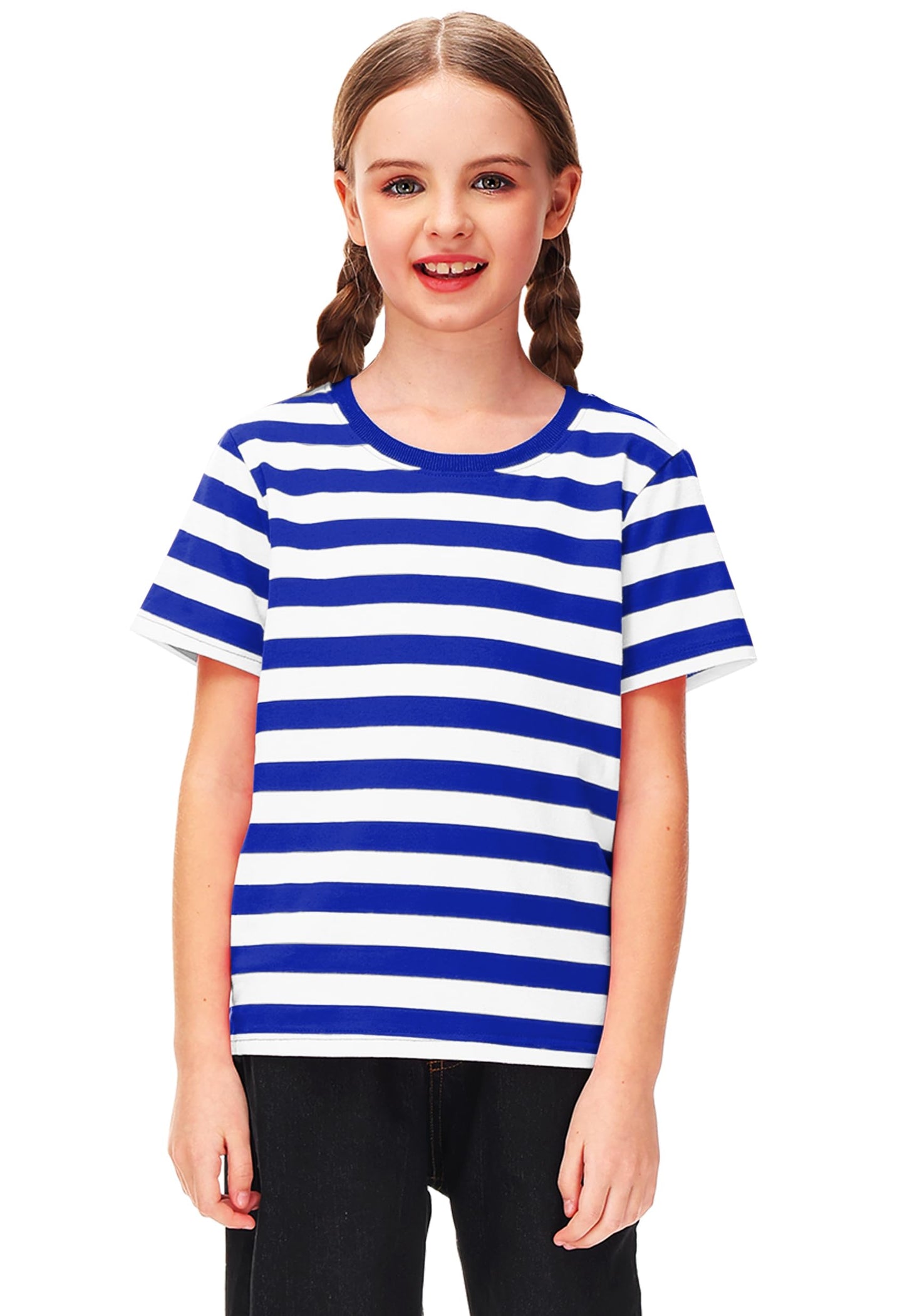 Boys Halloween Prisoner Costume Girl Blue White Striped Shirt Short Sleeve Summer Basic Tee Top 5-6 Years