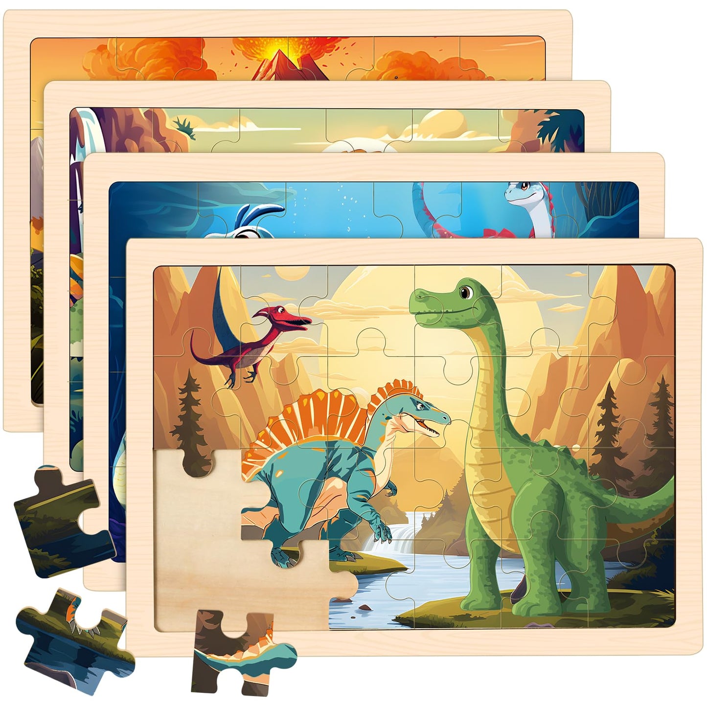Wooden Dinosaurs Puzzles For Kids Age 3 4 5 Year Old, 4 Pack 24 Pcs Montessori Toddler Jigsaw Puzzles For Girl Boy Activities Pr