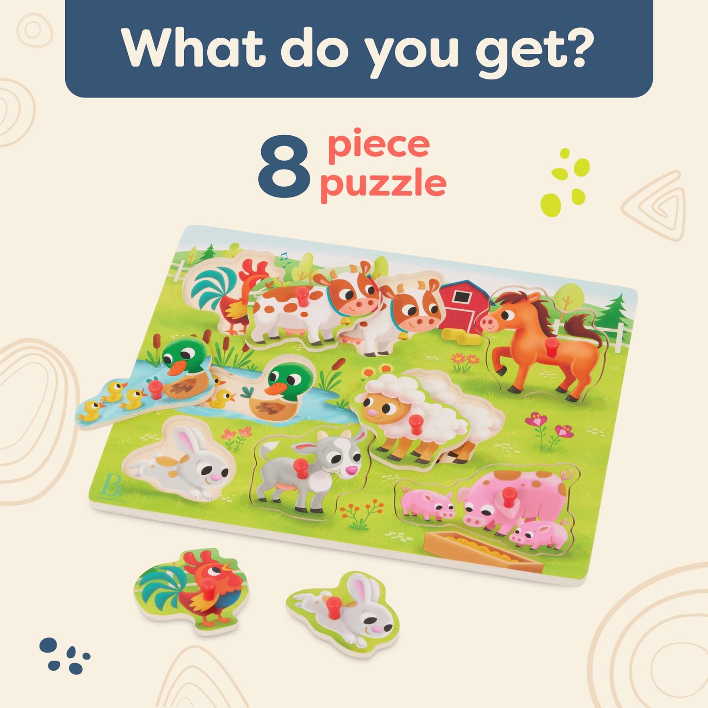 B. Toys- Peek & Explore - Farm Animals- Wooden Peg Puzzle – Farm Puzzle For Toddlers, Kids – 8 Farm Animal Pieces – Cow, Horse, Sheep & More – 2 Years +