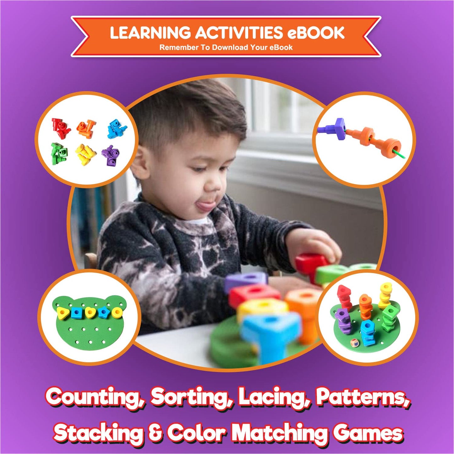 Kids Korner New & Improved Peg Board Stacking Toddler Toys Game Set - Lacing Fine Motor Skills For Ages 3 And Up - Matching Shapes With Pegs & Activity Ebook