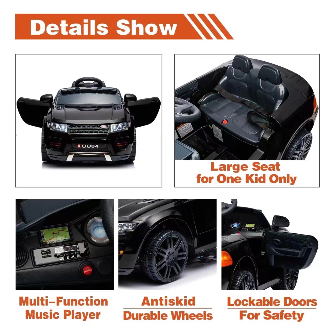 u URideon 12V Ride on Car, Battery Powered Electric Cars for Kids,Remote Control, Music,Black