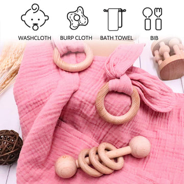 Baby Lovey, Wood Rattle, Teether Ring, 3 Pack Montessori Gift, Coral Pink, Cotton, Double Gauze, Baby Girl Shower Gift