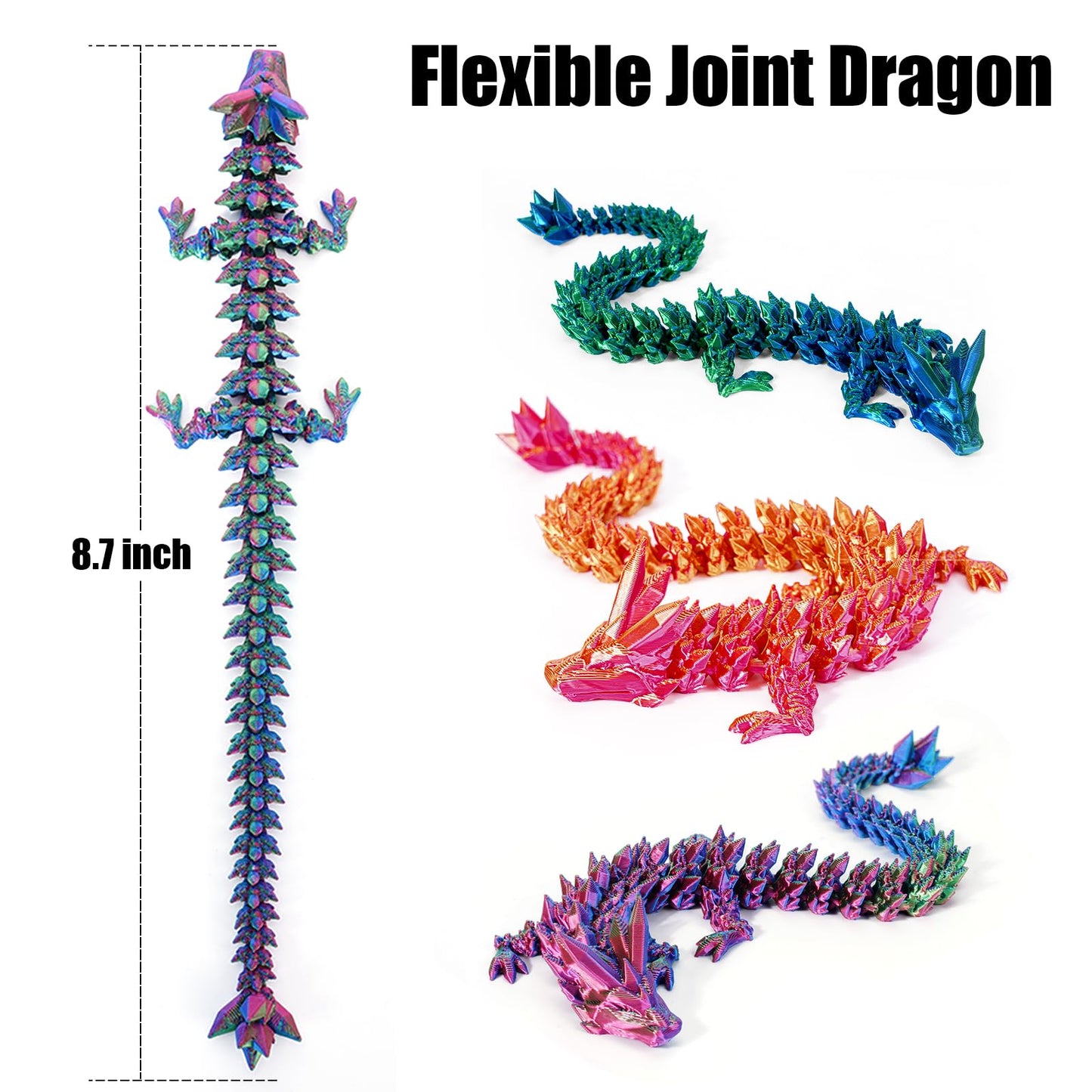 3D Printed Dragon, 4Pcs Crystal Dragon Fidget Toy, Flexible Articulated Dragon 3D Printer Animal Decor (4-Piece Set-B)