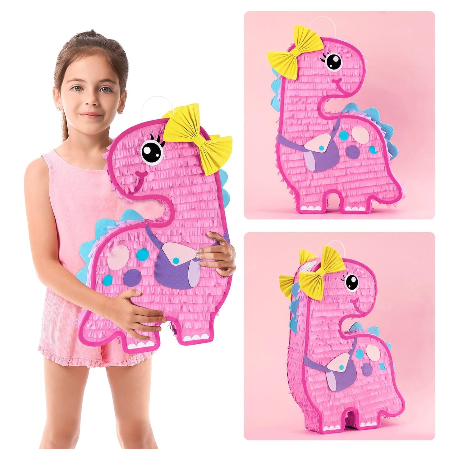 Wernnsai Dinosaur Piñata - Pink Piñata Bundle With Blindfold And Bat For Girls Kids Piñata Brontosaurus Themed Party Game Supplies For Birthday Party Decoration Carnivals Festivals Baby Shower
