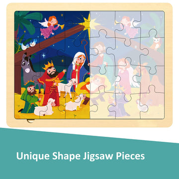 Moinkidz Nativity Scene Kids 24 Piece Puzzle For 3 Year Old, Unique Shape Jigsaw Pieces Christmas Wooden Jigsaw Puzzles For Toddlers Ages 3-5, Preschooler Puzzle With Tray