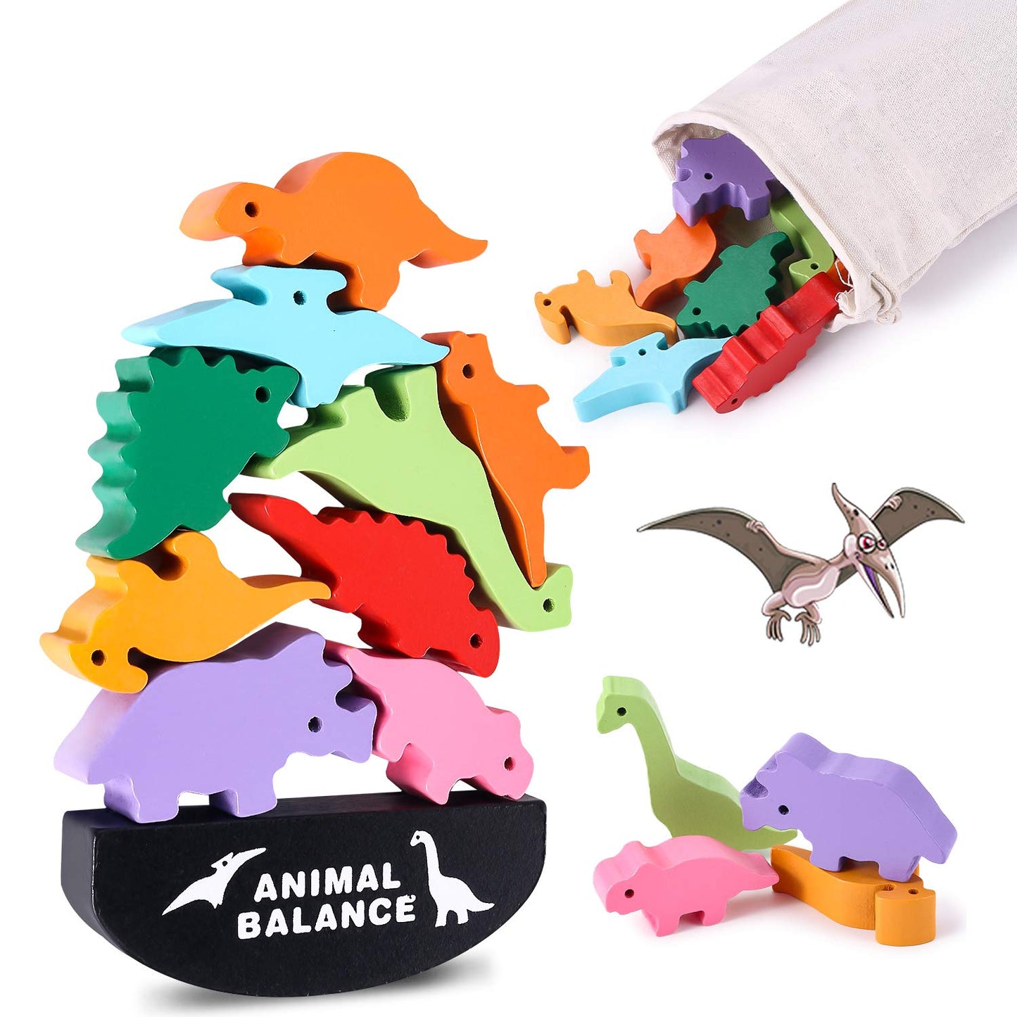 Pjdrllc Dinosaur Toy Wooden Stacking Game: Challenging Banlance Game - Develop Concentration Coordination Problemsoving Skills For Kids Ages 3 Years Up