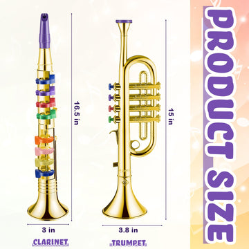 Amylove Toy Trumpet and Clarinet Set for Kids - 2 Plastic Instruments, Gold Color, Portable Educational Musical Gifts