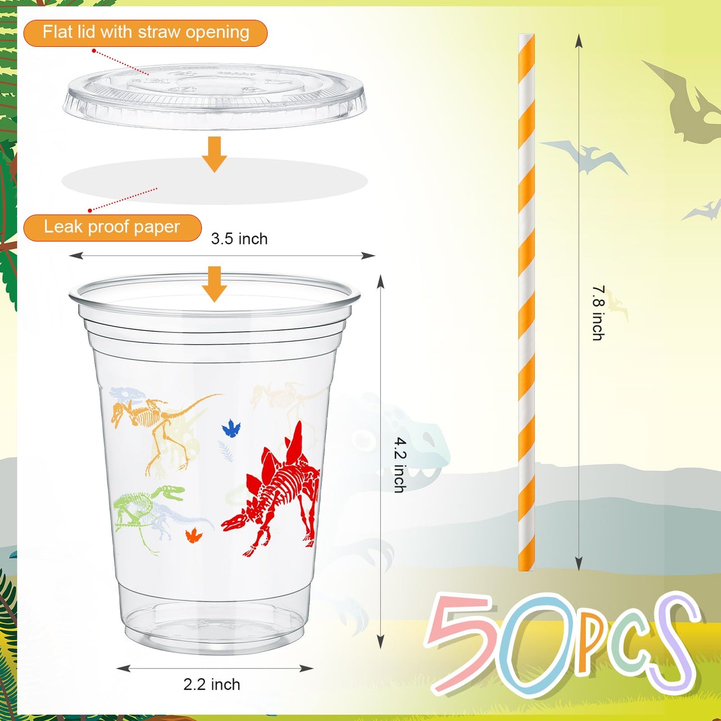 Foldtier 50 Pcs Dinosaur Cups For Kids 12 Oz Disposable Plastic Cups With Straws And Lids Dinosaur Clear Cup Birthday Party Cups