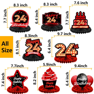 Happy 24th Birthday Red and Black Table Honeycomb Centerpieces Balloons Theme Decor Table Decorations Table Toppers for Girls Wo